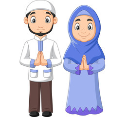 Cartoon Muslim man and woman couple on white background