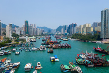 Naklejka premium Top view of Hong Kong fishing harbor port