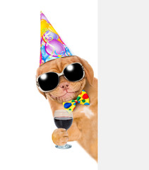 Happy puppy  in party hat, sunglasses and tie bow holding glass of red wine and peeking  behind empty white board. isolated on white background