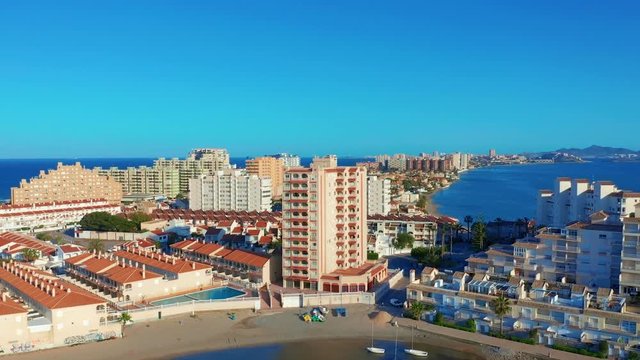 Aerial view. Panoramic view of streets, roads and buildings foreland La Manga del Mar Menor, Cartagena, Murcia, Spain.