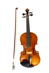 An isolated vertical image of violin, string music instrument in orchestra.