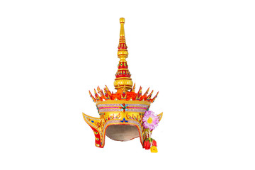 An isolated image of Manohra's headdress, which has a golden color, is used to wear the actor's head.