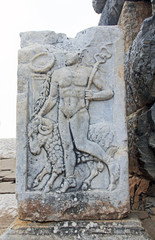 Archaeological ruins of a marble bas relief of Hermes, in the ruins of Ephesus, Turkey near Selcuk.