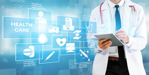 Medical Healthcare Concept - Doctor in hospital with digital medical icons graphic banner showing...