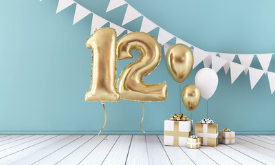 Happy 12th birthday party celebration balloon, bunting and gift box. 3D Render