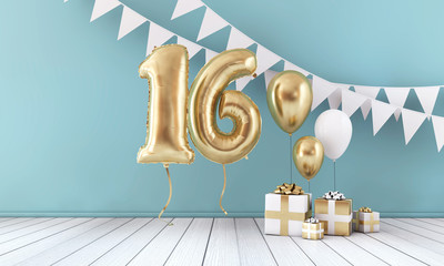 Happy 16th birthday party celebration balloon, bunting and gift box. 3D Render
