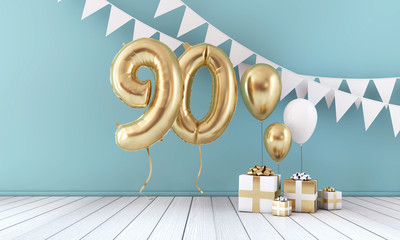 Happy 90th birthday party celebration balloon, bunting and gift box. 3D Render
