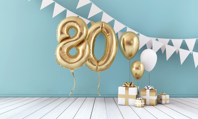 Happy 80th birthday party celebration balloon, bunting and gift box. 3D Render