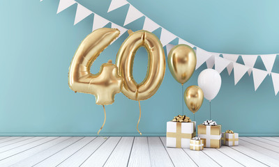 Happy 40th birthday party celebration balloon, bunting and gift box. 3D Render