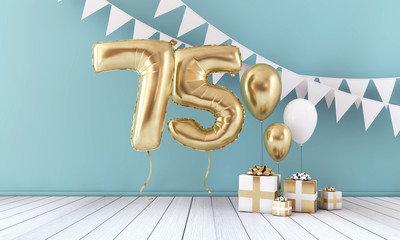 Happy 75th birthday party celebration balloon, bunting and gift box. 3D Render