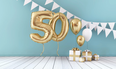 Happy 50th birthday party celebration balloon, bunting and gift box. 3D Render
