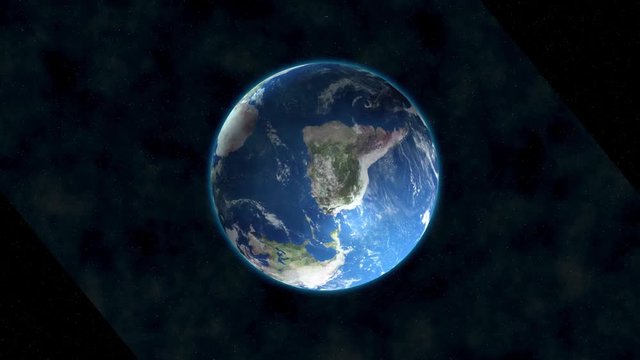 Earth planet, zoom rotation from space to earth. Globe rotation and zoom animation, 3d render of planet from space with realistic surface, clouds and blue atmosphere