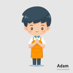 Cute cartoon shop assistance mascot wear apron in respecting action use for illustration