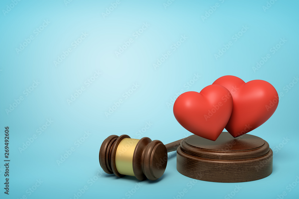 Poster 3d rendering of two cute red hearts on sounding block with judge gavel beside on light-blue backgrou