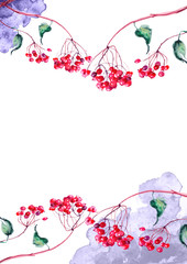 Watercolor frame, invitation,label. Autumn greeting card. Of the leaves of rowanberry, aspen, poplar. A bunch of mountain ash, elderberry, viburnum on a branch.Abstract splash of blue paint