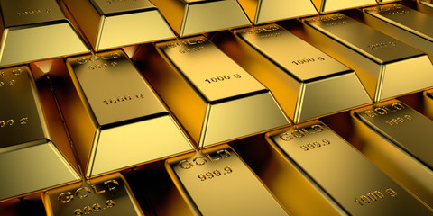 Gold bars with the web banner concept. 3D rendering.