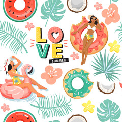 Seamless pattern with beautiful woman floating on inflatable ring, coconut, leaves and lettering. Summer rest and vacation collage. Trendy texture for textile, wrapping paper, packaging etc. Vector.