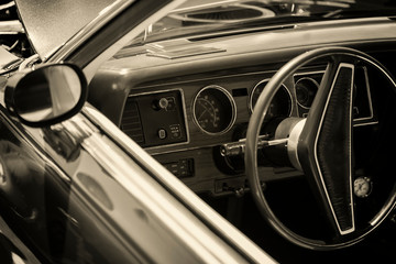 Interior of a classic American car, old vintage vehicle