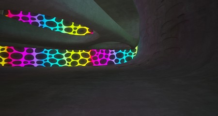 Abstract  Concrete and Glass Futuristic Sci-Fi interior With Colored Gradient Glowing Neon Tubes . 3D illustration and rendering.