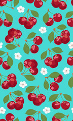 Seamless pattern cherry fruits with blossom flower, Fresh organic food, Red fruits berry pattern on green. Vector illustration.
