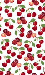 Seamless pattern cherry fruits, Fresh organic food, Red fruits berry pattern on white. Vector illustration.