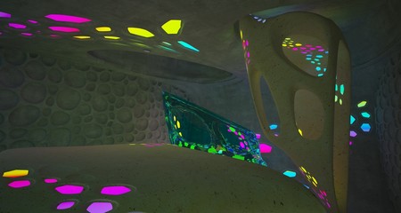 Abstract  Concrete and Glass Futuristic Sci-Fi interior With Colored Gradient Glowing Neon Tubes . 3D illustration and rendering.