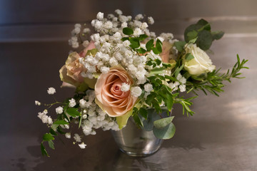 Pink, Yellow,orang roses with wild flowers in Glass Vase