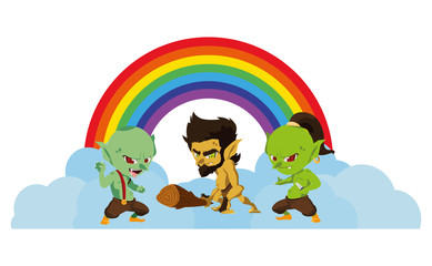 Obraz na płótnie Canvas ugly trolls with caveman gnome and rainbow scene