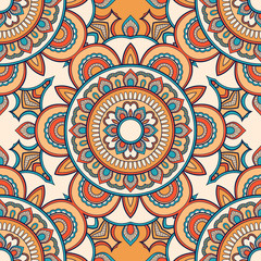 Decorative colorful ethnic seamless pattern for fabric or wrapping in oriental style. Hand drawn illustration