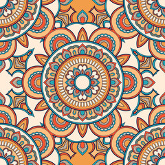 Decorative colorful ethnic seamless pattern for fabric or wrapping in oriental style. Hand drawn illustration