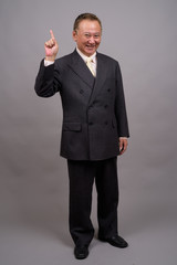 Portrait of mature Asian businessman against gray background