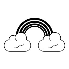 Clouds with rainbow cartoon isolated in black and white