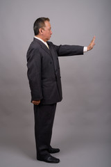 Portrait of mature Asian businessman against gray background