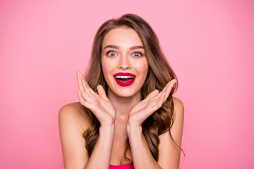 Close up photo amazing beautiful she her lady hands arms cheeks cheekbones unexpected success wear...