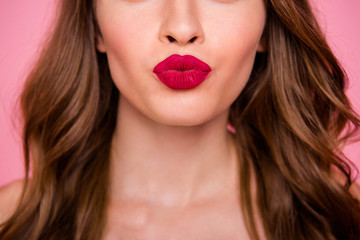Cropped close up photo amazing beautiful she her lady attractive show ideal plump allure rose lips pomade lipstick hide eyes wear cute shiny colorful dress isolated pink rose bright vivid background