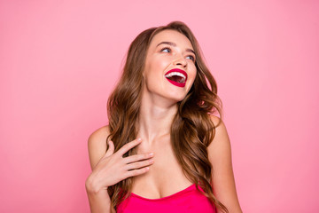 Close up photo beautiful she her lady open mouth hear funky humorous story hand arm chest perfect...