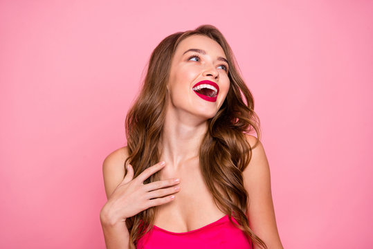 Close up photo beautiful she her lady open mouth hear funky humorous story hand arm chest perfect white teeth wear cute shiny colorful formal-wear dress isolated pink rose bright vivid background