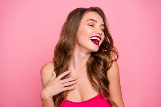 Close up photo beautiful she her lady open mouth hear funky humorous story hand arm chest perfect white teeth wear cute shiny colorful formal-wear dress isolated pink rose bright vivid background