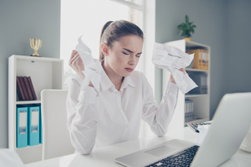 Close up photo beautiful she her business lady suffer eyes closed hold arms hands wrong...