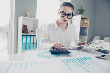 Close up photo beautiful she her business lady count freelance salary calculating income investment...