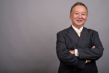 Portrait of mature Asian businessman against gray background