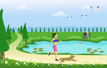 The woman and her dog are jogging on the way in the park. With swamps and green grasslands as the background,jogging exercise