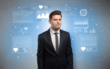 Young sick businessman with fever and medical research concept
