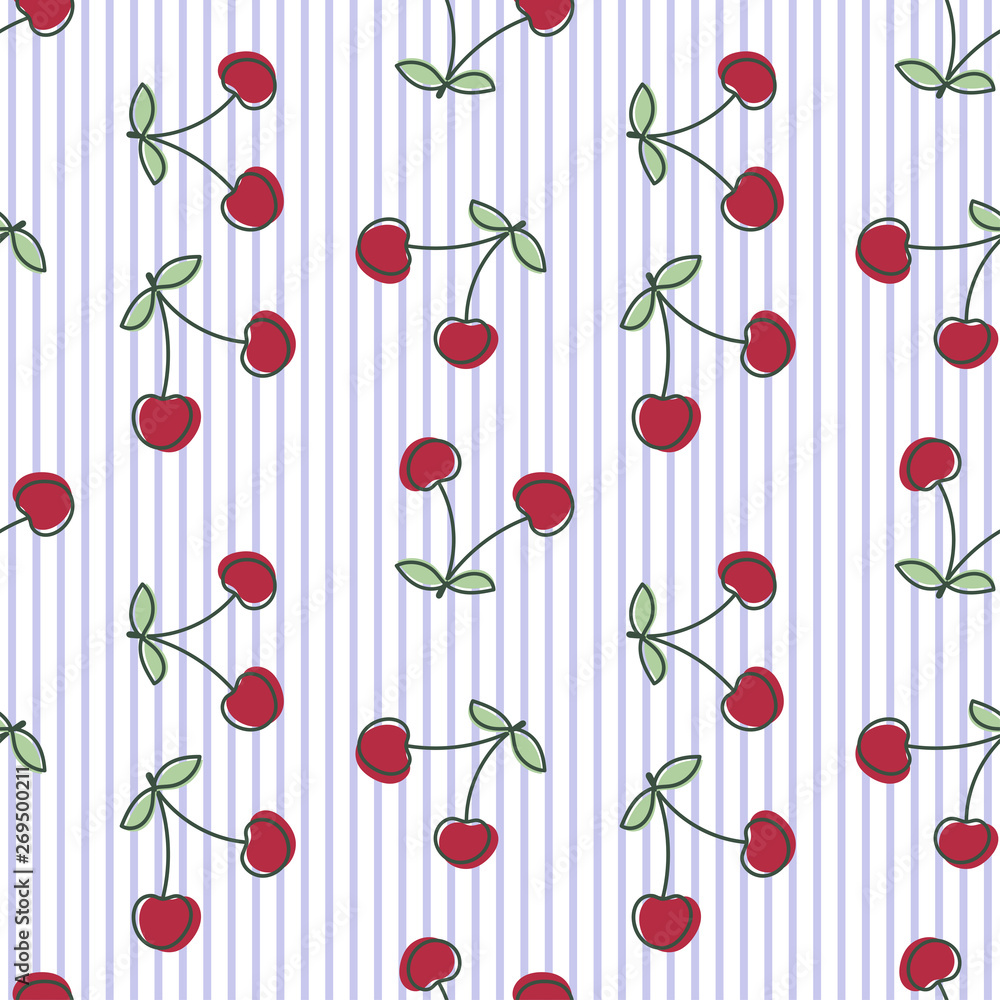 Wall mural Cherry seamless pattern. Hand drawn fresh berry. Vector sketch striped background. Color doodle wallpaper. Bright print for clothes