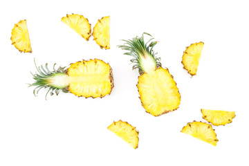 Sliced pineapple on white background. Flat lay, top view.