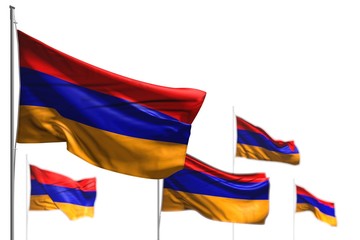 wonderful five flags of Armenia are wave isolated on white - illustration with soft focus - any holiday flag 3d illustration..