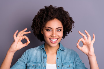Close up photo of positive stylish trendy lady advertise present approve tip information choice...