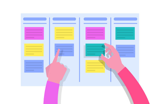 Scrum or canban task board concept with human hands  Notes for agile software development. Vector illustration.