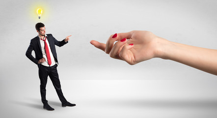 Foolish blind businessman in love going after big naked hand
