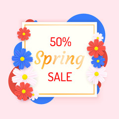 Spring poster 50 Percent off sale frame. Vector